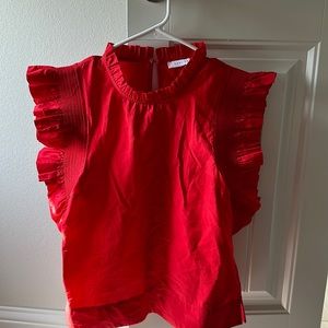 Bright Red Women's Ruffle Sleeve Poplin Top